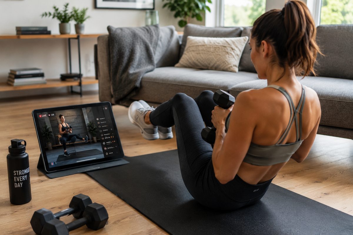 Evde tablet üzerinden canlı derse katılan üye — hibrit fitness modeli