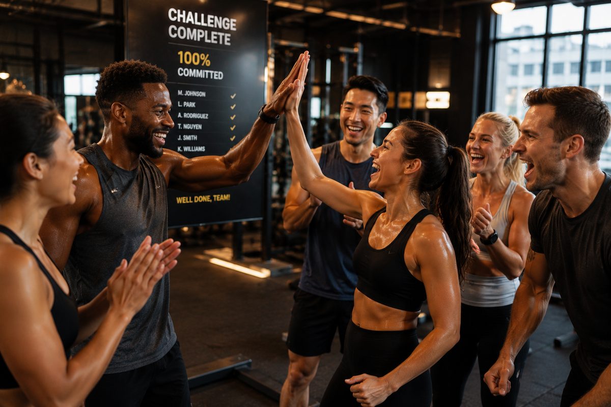 Meydan okumayı tamamlayan üye grubunun kutlaması — fitness topluluğu